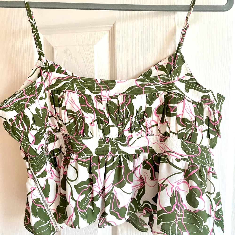 Parker White and green Ruffled Top NWOT